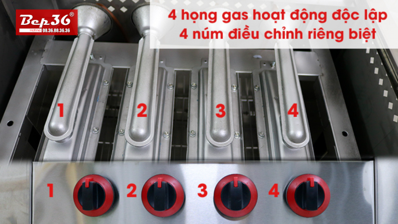 4 núm điều chỉnh riêng biệt với  4 họng gas hoạt động độc lập 