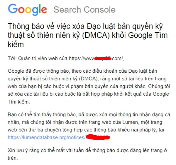 Thông báo của Google xác nhận website đã trở thành nạn nhân của DCMA